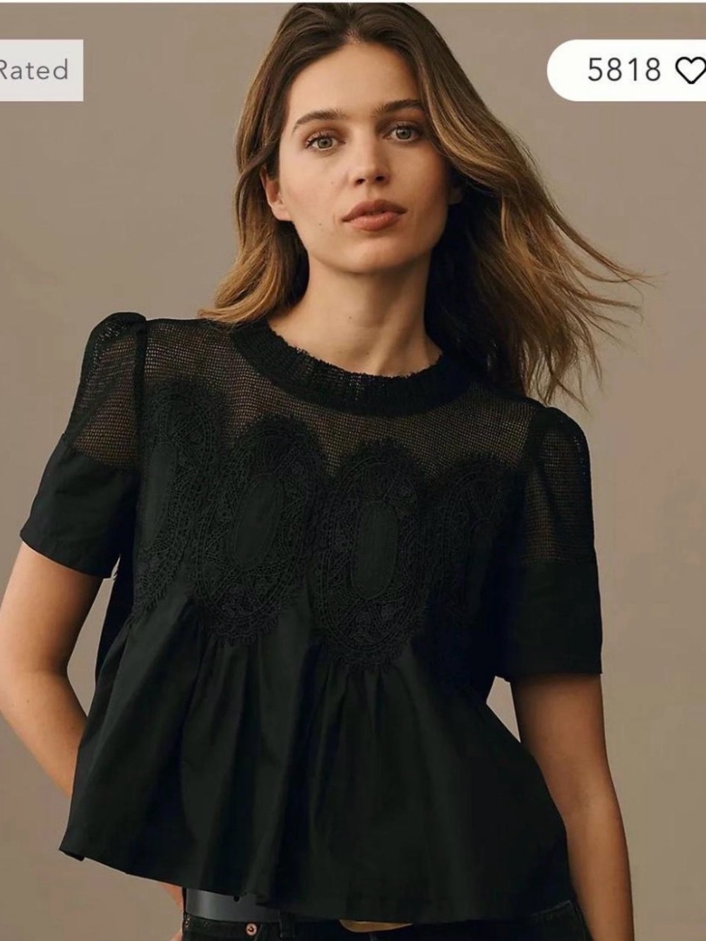 Anthropologie Black Lace Yoke Peasant Top